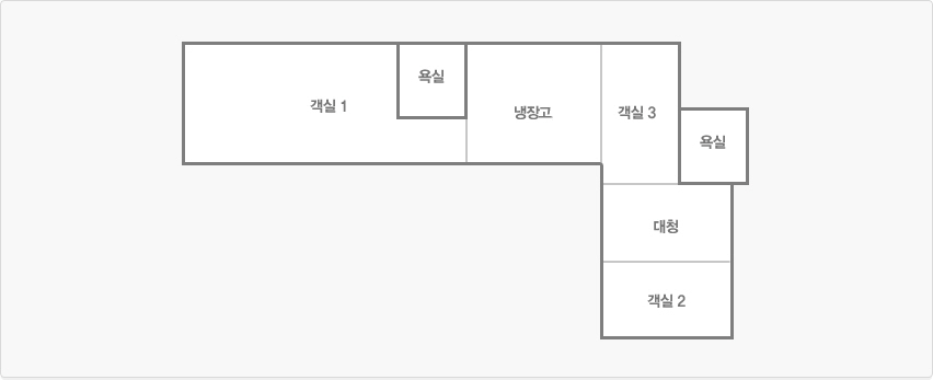 우성관 평명도이미지로 시계방향으로 설명합니다. 객실1, 냉장고, 객실3, 욕실, 대청, 객실2가 있습니다.