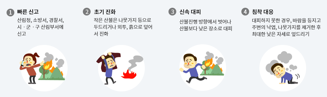 1. 빠른신고 - 산림청, 소방서, 경찰서, 시·군·구 산림부서에 신고 / 2. 초기진화 - 작은 산물은 나뭇가지 등으로 두드리거나 외투, 흙으로 덮어서 진화 / 3. 신속대피 - 산불진행 방향에서 벗어나 산불보다 낮은 장소로 대피 / 4. 침착 대응 - 대피하지 못한 경우, 바람을 등지고 주변의 낙엽, 나뭇가지를 제거한 후 최대한 낮은 자세로 엎드리기